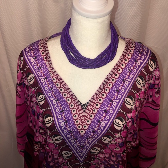 Kaftan dress with matching wood necklace feather and boho print OSFM - Picture 3 of 9